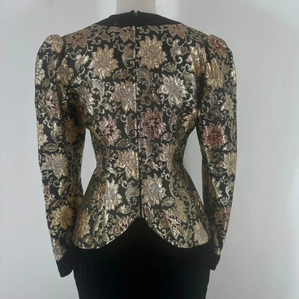 VTG JESSICA McCLINTOCK Velvet Brocade Party Dress Puff Black Gold Ball Gown 10
